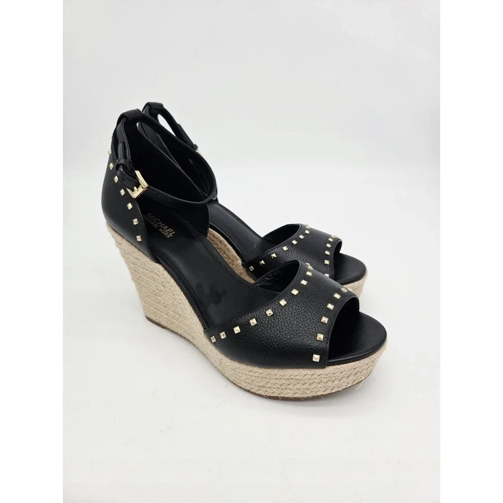 Michael Kors Black Women's Espadrille Stud Platform Logo Wedges Sandals, Sz.8M